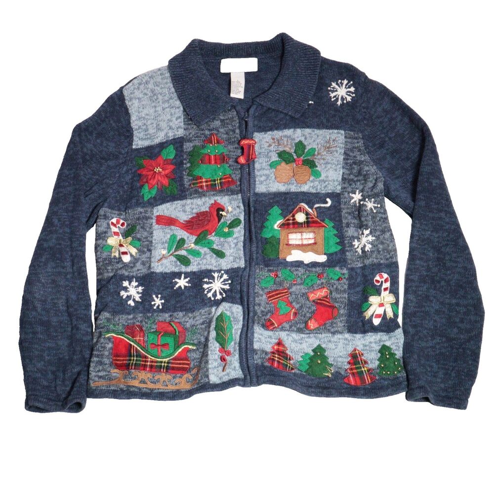 Heirloom Collectibles Christmas Cardigan‎ Sweater Women Large Stocking Zipper
